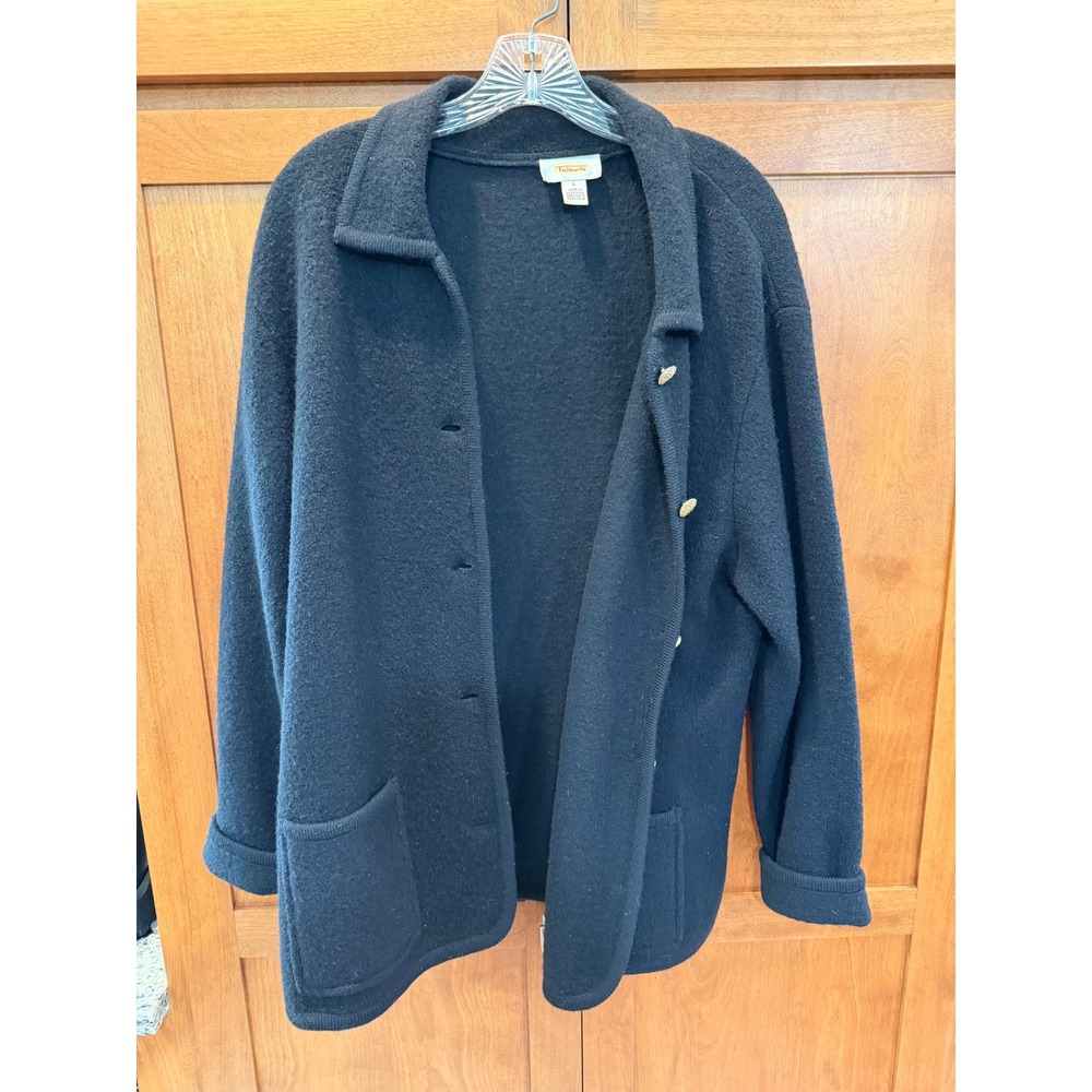 Talbots Womens Black 100% Boiled Wool Button Front Cardigan Jacket Large Gold
